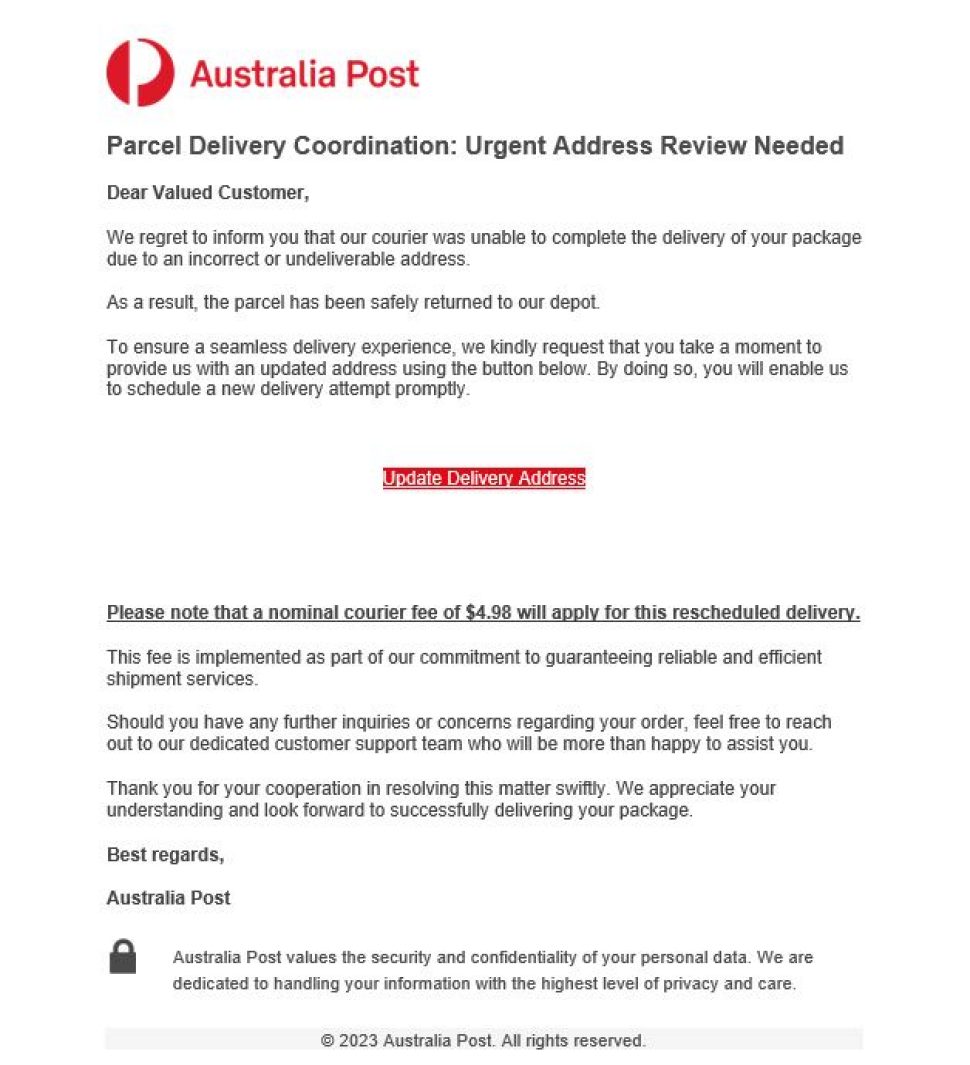 An email shown with the Australia Post Logo staying Parcel Delivery Coordination: Urgent Address Review Needed. They then proceed to ask that the courier was unable to complete the delivery of your package due to an invalid address.