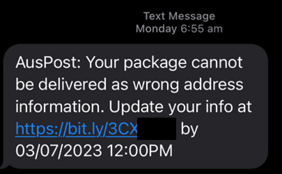 An image of a text message is shown with below text.
“AusPost: Your package cannot be delivered as wrong address information. Update your info at https://bit.ly/3C<masked> by 03/07/2023 12:00PM”