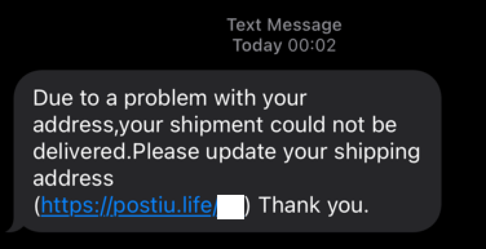 An image of a text message is shown with below text.
“Due to a problem with your address, your shipment could not be delivered.
Please update your shipping address
https://postiu.life/<masked>”

